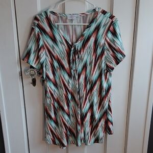 Chic Zigzag Patterned Blouse -  Brown, White, Green